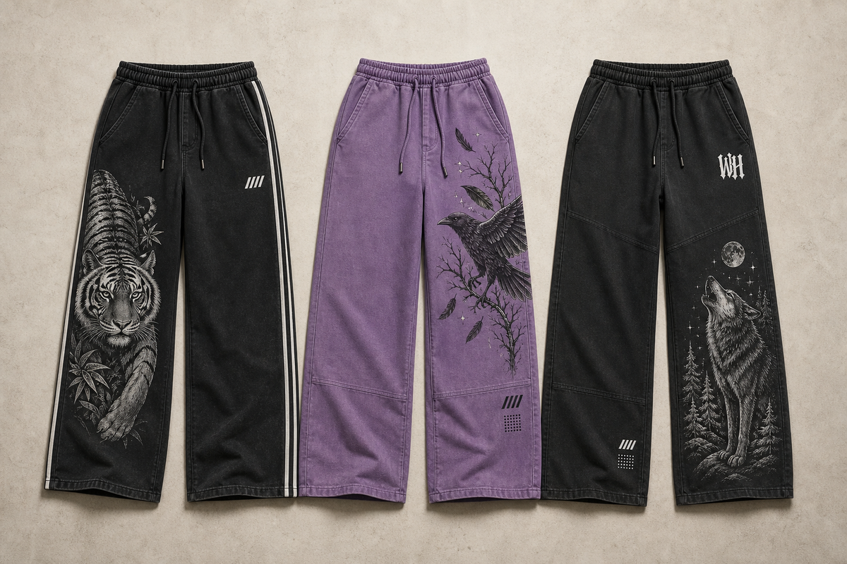 Three Wildhollow upcoming pants design concepts in washed black, purple, and charcoal